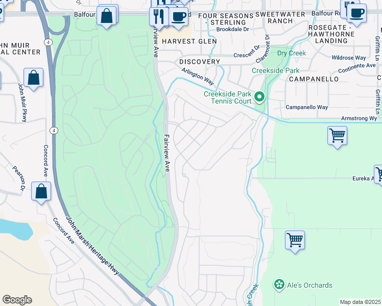 map of restaurants, bars, coffee shops, grocery stores, and more near 575 Quindell Way in Brentwood