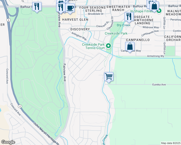 map of restaurants, bars, coffee shops, grocery stores, and more near 625 Pomona Drive in Brentwood