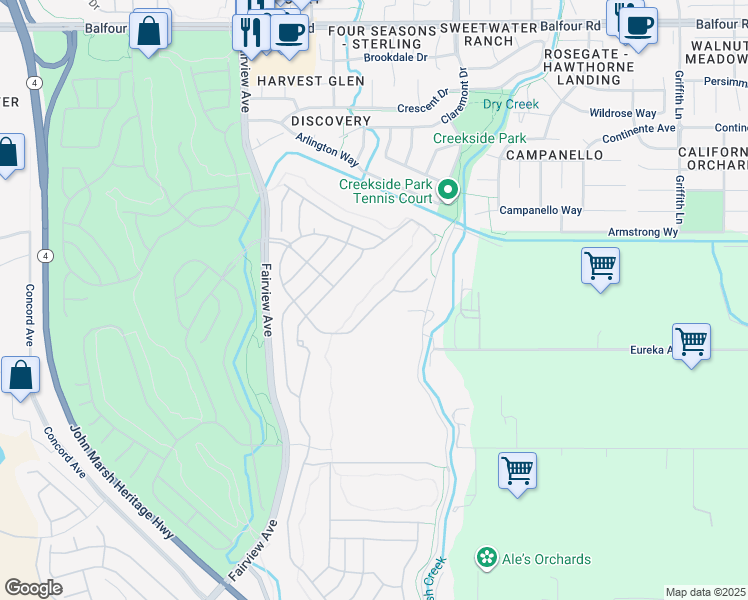 map of restaurants, bars, coffee shops, grocery stores, and more near 625 Pomona Drive in Brentwood
