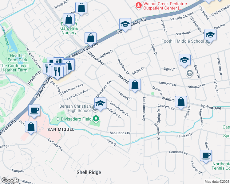 map of restaurants, bars, coffee shops, grocery stores, and more near 387 Warwick Drive in Walnut Creek
