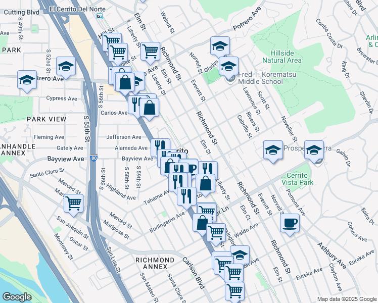 map of restaurants, bars, coffee shops, grocery stores, and more near 1290 Kearney Street in El Cerrito