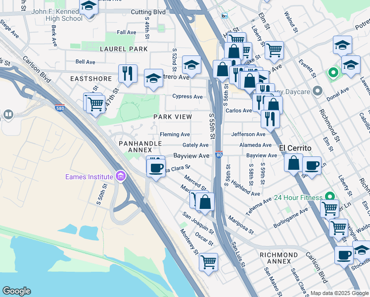 map of restaurants, bars, coffee shops, grocery stores, and more near 5216 Bayview Avenue in Richmond