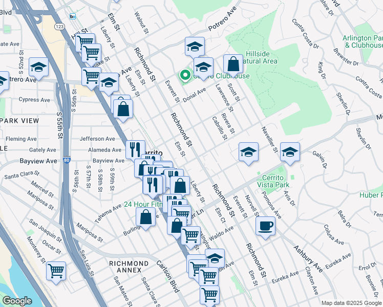 map of restaurants, bars, coffee shops, grocery stores, and more near Richmond Street in El Cerrito