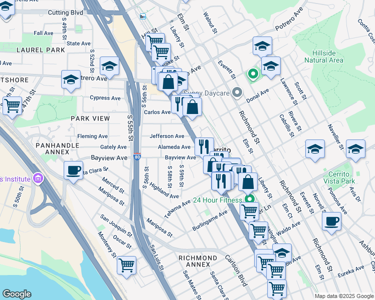 map of restaurants, bars, coffee shops, grocery stores, and more near 5912 Alameda Avenue in Richmond