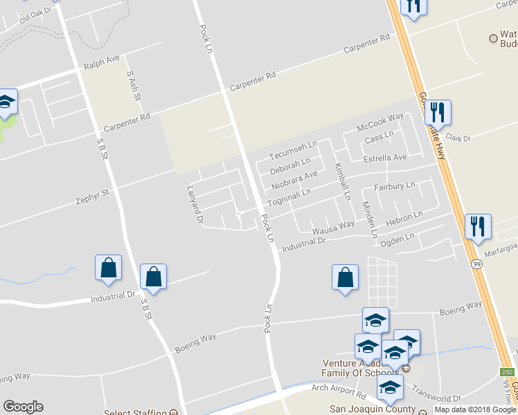 map of restaurants, bars, coffee shops, grocery stores, and more near 4169 Pock Lane in Stockton