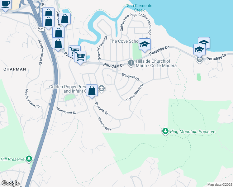 map of restaurants, bars, coffee shops, grocery stores, and more near 152 Prince Royal Drive in Corte Madera