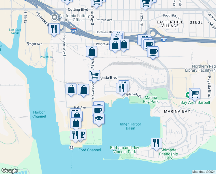 map of restaurants, bars, coffee shops, grocery stores, and more near 2059 Northshore Drive in Richmond
