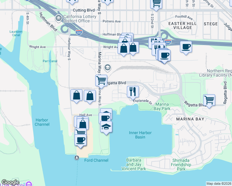 map of restaurants, bars, coffee shops, grocery stores, and more near 2059 Northshore Drive in Richmond