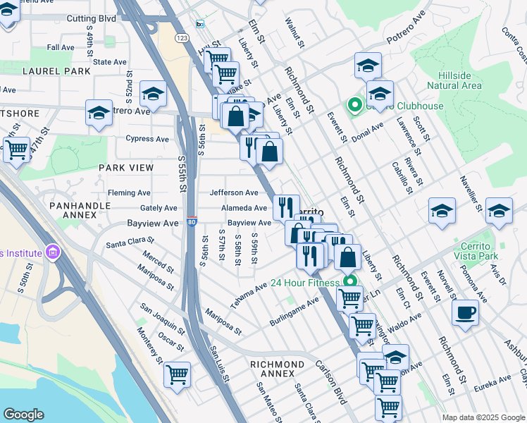 map of restaurants, bars, coffee shops, grocery stores, and more near 5918 Alameda Avenue in Richmond