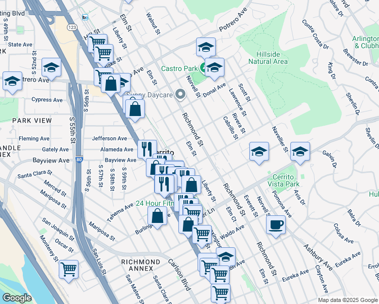 map of restaurants, bars, coffee shops, grocery stores, and more near 1225 Elm St in El Cerrito