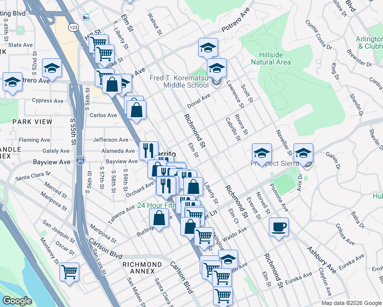 map of restaurants, bars, coffee shops, grocery stores, and more near 1225 Elm Street in El Cerrito