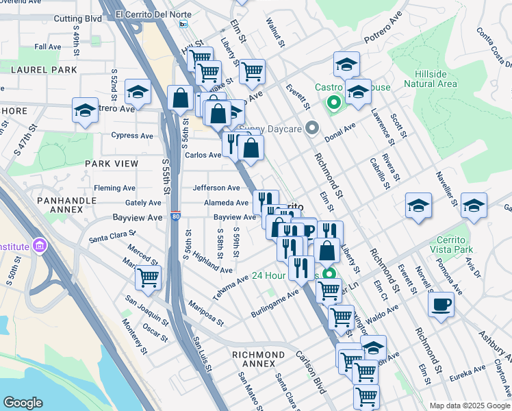 map of restaurants, bars, coffee shops, grocery stores, and more near 5922 Bayview Avenue in Richmond