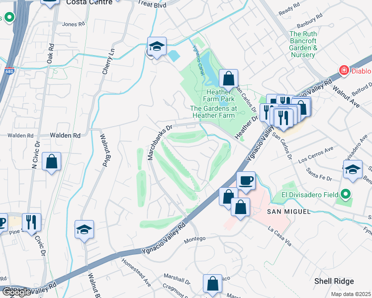 map of restaurants, bars, coffee shops, grocery stores, and more near 1521 Siskiyou Drive in Walnut Creek
