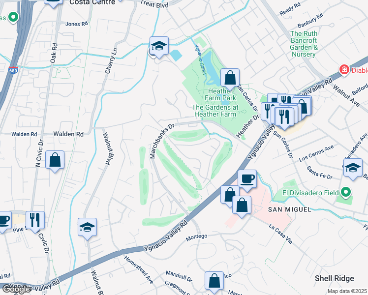 map of restaurants, bars, coffee shops, grocery stores, and more near 1513 Siskiyou Drive in Walnut Creek