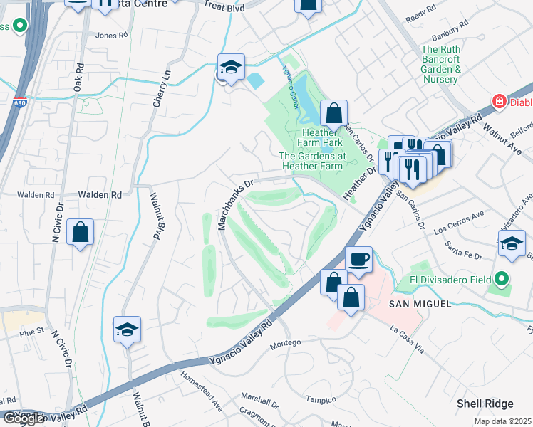 map of restaurants, bars, coffee shops, grocery stores, and more near 1513 Siskiyou Drive in Walnut Creek