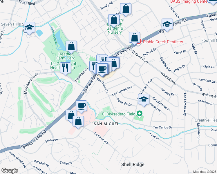 map of restaurants, bars, coffee shops, grocery stores, and more near 210 Los Banos Avenue in Walnut Creek