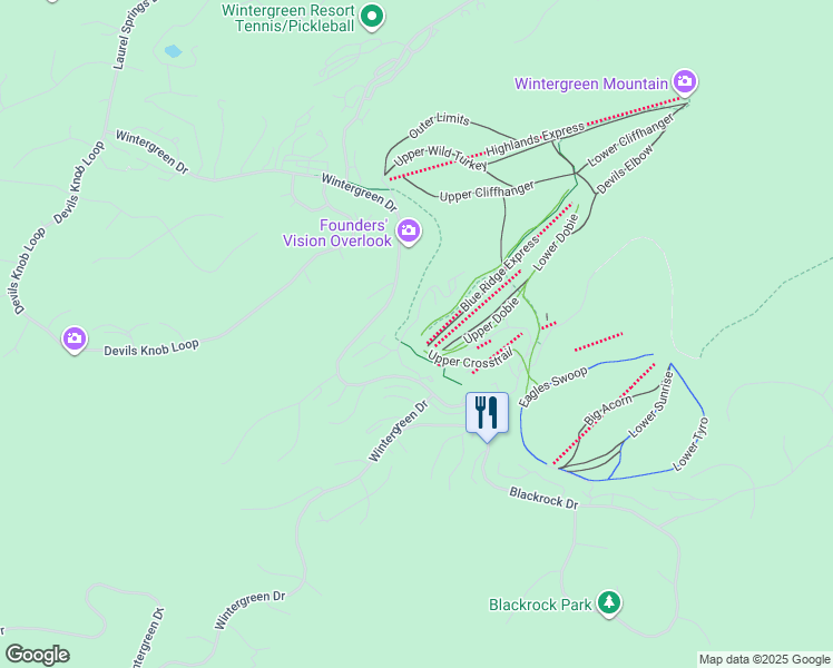 map of restaurants, bars, coffee shops, grocery stores, and more near 358 Dobie in Wintergreen Resort