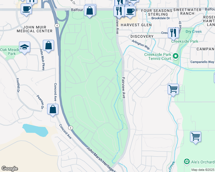 map of restaurants, bars, coffee shops, grocery stores, and more near Baldwin Drive in Brentwood