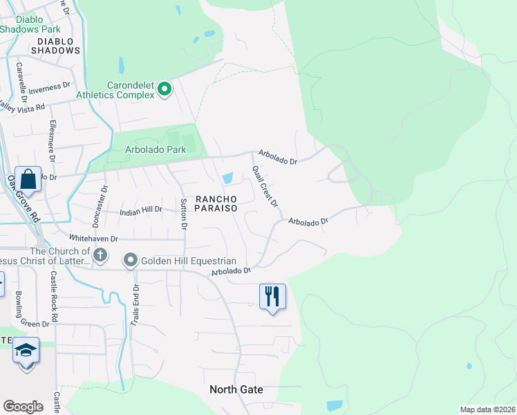 map of restaurants, bars, coffee shops, grocery stores, and more near 3775 Arbolado Drive in Walnut Creek