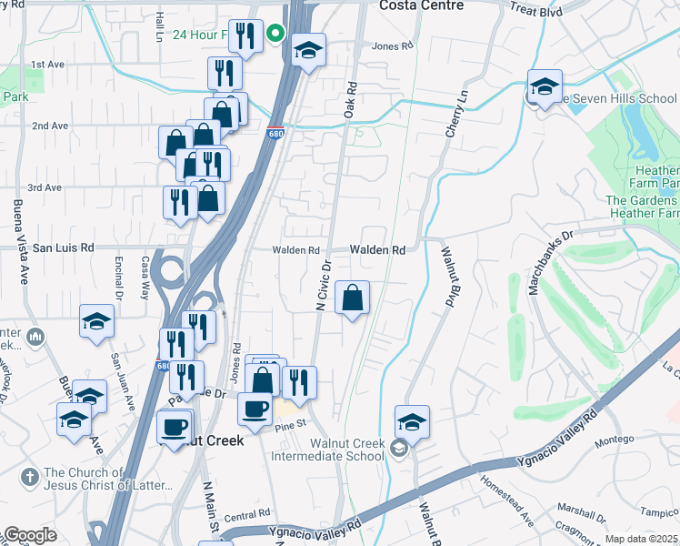 map of restaurants, bars, coffee shops, grocery stores, and more near 10 Joann Court in Walnut Creek