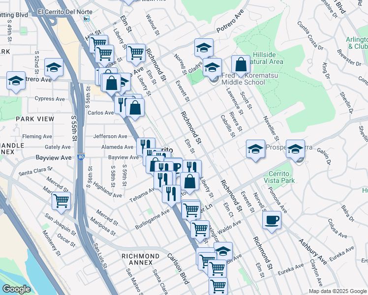 map of restaurants, bars, coffee shops, grocery stores, and more near 6628 Manila Avenue in El Cerrito