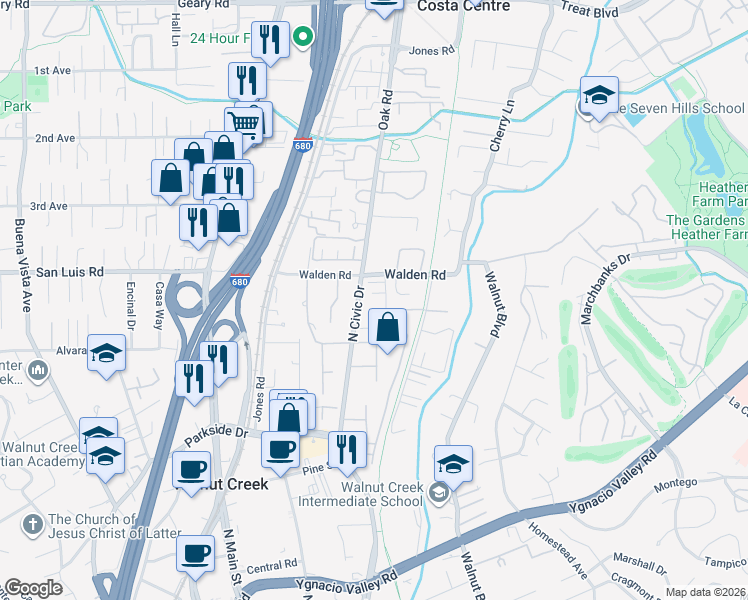 map of restaurants, bars, coffee shops, grocery stores, and more near 10 Joann Court in Walnut Creek