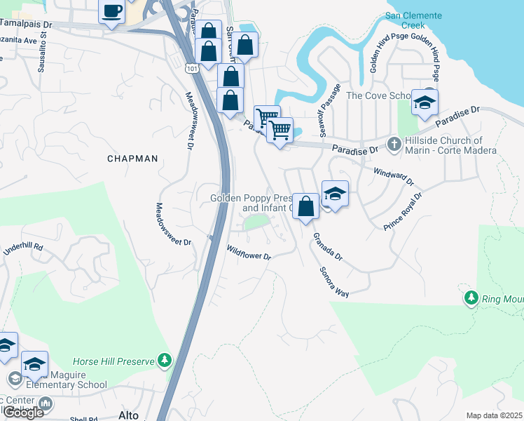 map of restaurants, bars, coffee shops, grocery stores, and more near 72 Parkview Circle in Corte Madera