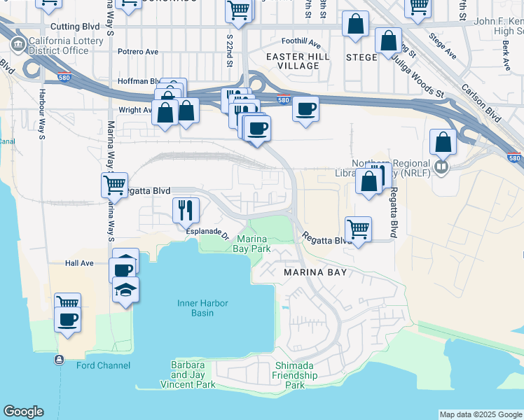 map of restaurants, bars, coffee shops, grocery stores, and more near 2512 Beach Head Way in Richmond