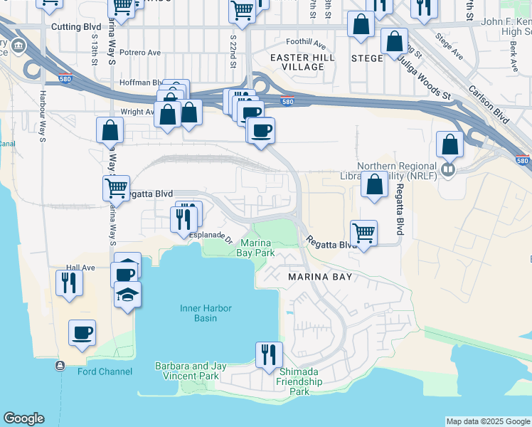 map of restaurants, bars, coffee shops, grocery stores, and more near 2512 Beach Head Way in Richmond