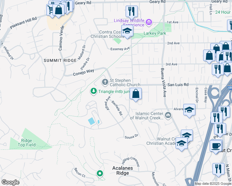 map of restaurants, bars, coffee shops, grocery stores, and more near 1248 Alfred Avenue in Walnut Creek