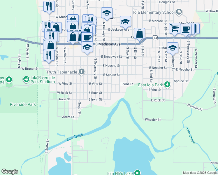 map of restaurants, bars, coffee shops, grocery stores, and more near 500-598 S Cottonwood St in Iola