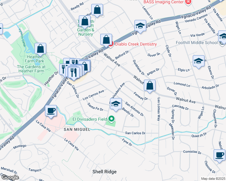 map of restaurants, bars, coffee shops, grocery stores, and more near 2682 San Antonio Drive in Walnut Creek