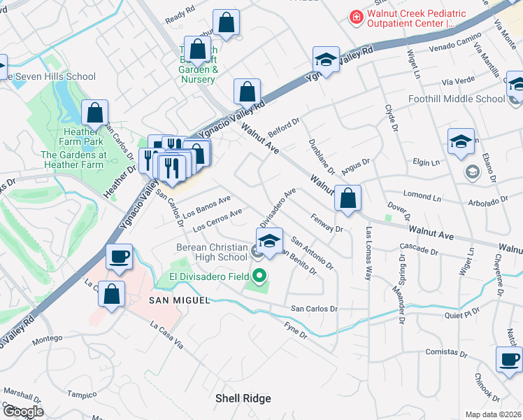 map of restaurants, bars, coffee shops, grocery stores, and more near 2682 San Antonio Drive in Walnut Creek