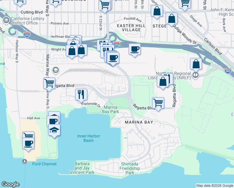 map of restaurants, bars, coffee shops, grocery stores, and more near 2520 Beach Head Way in Richmond