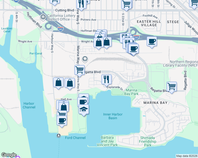 map of restaurants, bars, coffee shops, grocery stores, and more near 6 Schooner Court in Richmond