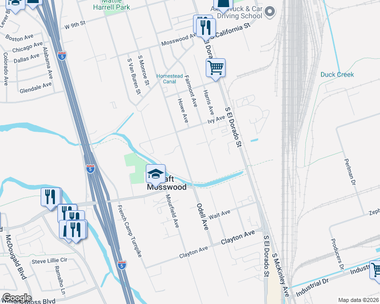 map of restaurants, bars, coffee shops, grocery stores, and more near 3212 Odell Avenue in Stockton