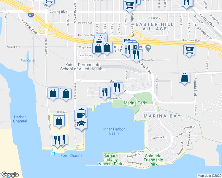 map of restaurants, bars, coffee shops, grocery stores, and more near 110 Schooner Court in Richmond