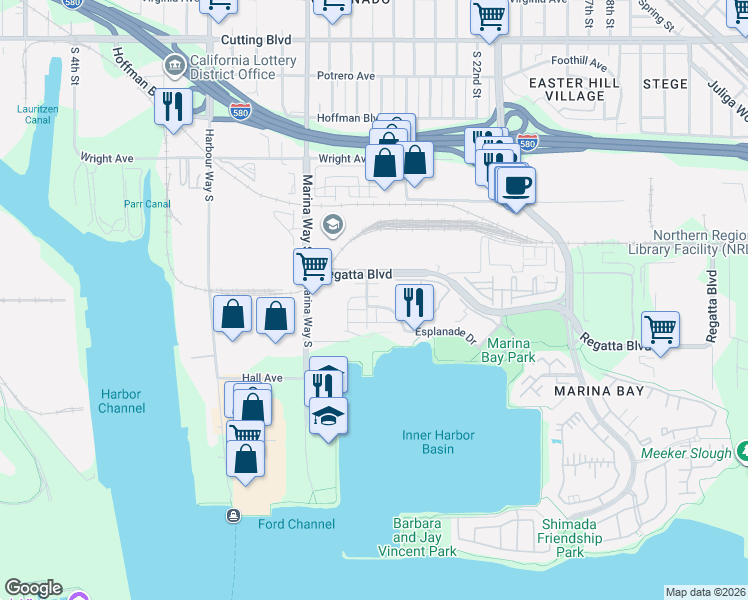 map of restaurants, bars, coffee shops, grocery stores, and more near 1655 Northshore Drive in Richmond