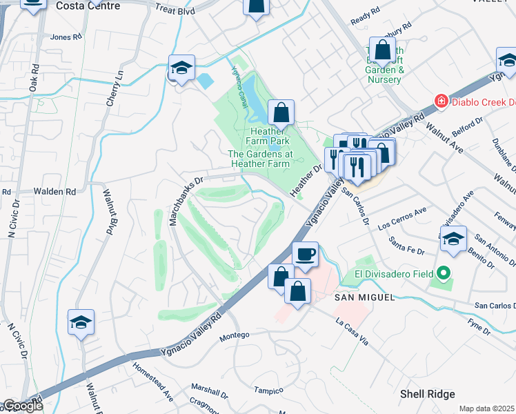map of restaurants, bars, coffee shops, grocery stores, and more near 208 Siskiyou Court in Walnut Creek