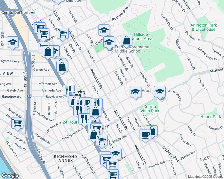 map of restaurants, bars, coffee shops, grocery stores, and more near 1200 Everett Street in El Cerrito