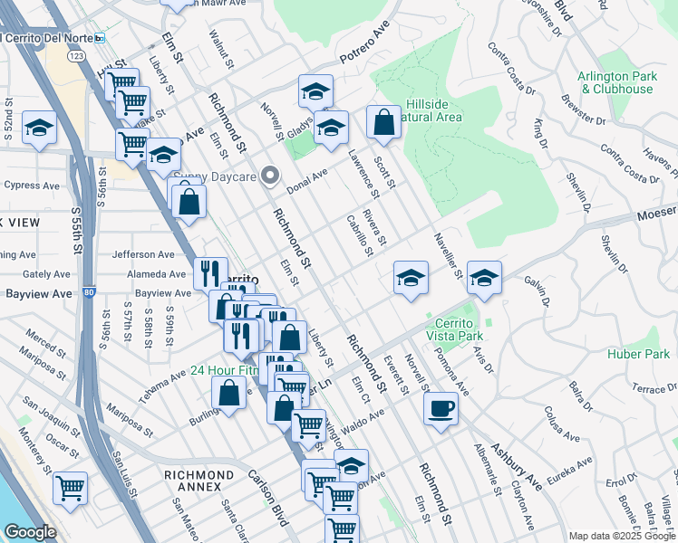 map of restaurants, bars, coffee shops, grocery stores, and more near 1200 Everett Street in El Cerrito