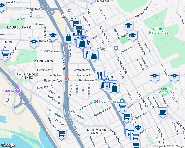 map of restaurants, bars, coffee shops, grocery stores, and more near 10963 San Pablo Avenue in El Cerrito