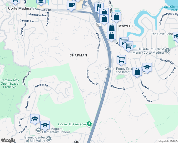 map of restaurants, bars, coffee shops, grocery stores, and more near 1025 Meadowsweet Drive in Corte Madera
