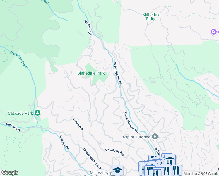 map of restaurants, bars, coffee shops, grocery stores, and more near 50 Rowan Way in Mill Valley