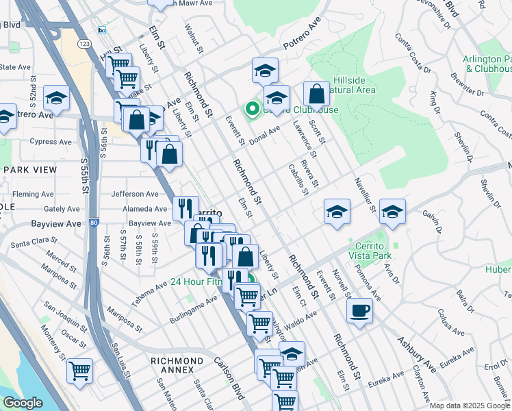 map of restaurants, bars, coffee shops, grocery stores, and more near 1225 Richmond Street in El Cerrito