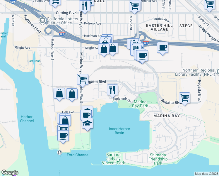map of restaurants, bars, coffee shops, grocery stores, and more near 48 Schooner Court in Richmond