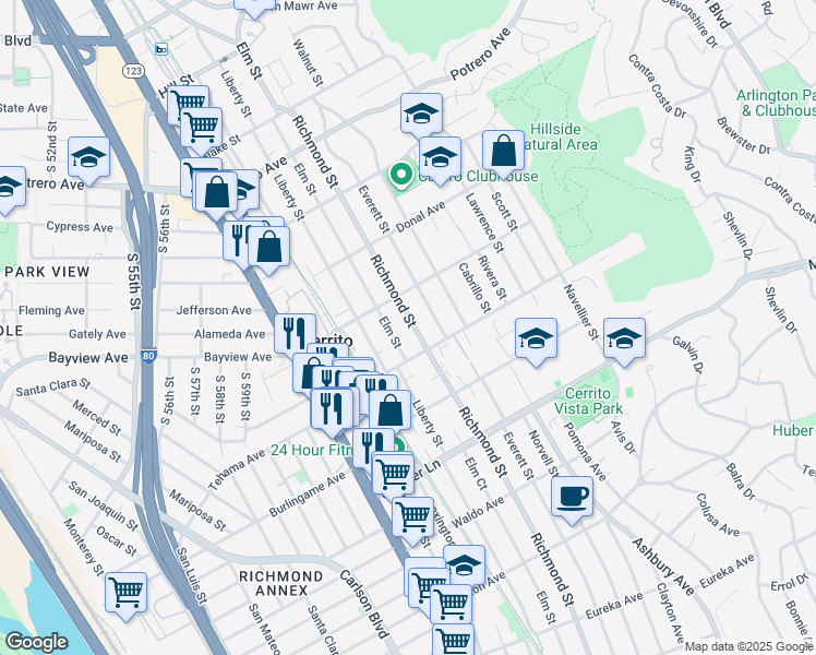 map of restaurants, bars, coffee shops, grocery stores, and more near 1225 Richmond Street in El Cerrito