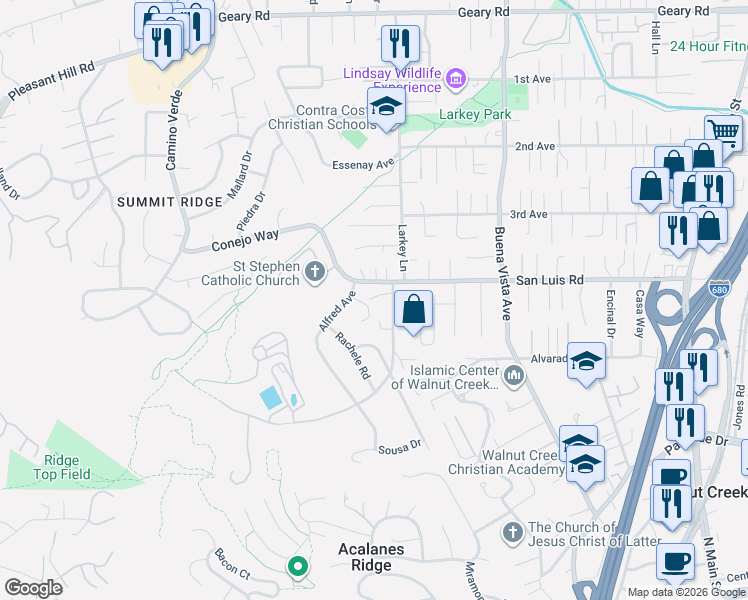 map of restaurants, bars, coffee shops, grocery stores, and more near 2031 San Luis Road in Walnut Creek