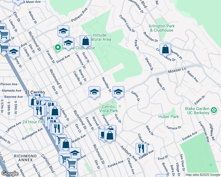 map of restaurants, bars, coffee shops, grocery stores, and more near 1034 Navellier Street in El Cerrito