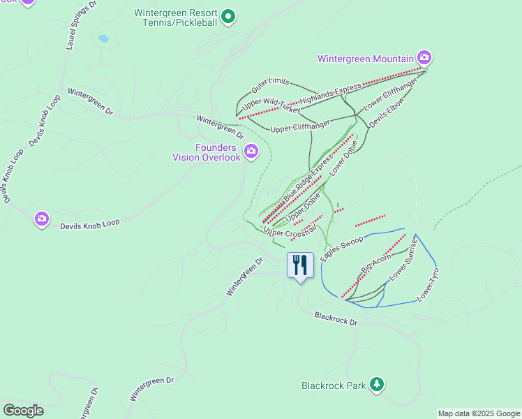 map of restaurants, bars, coffee shops, grocery stores, and more near 358 Dobie in Wintergreen Resort